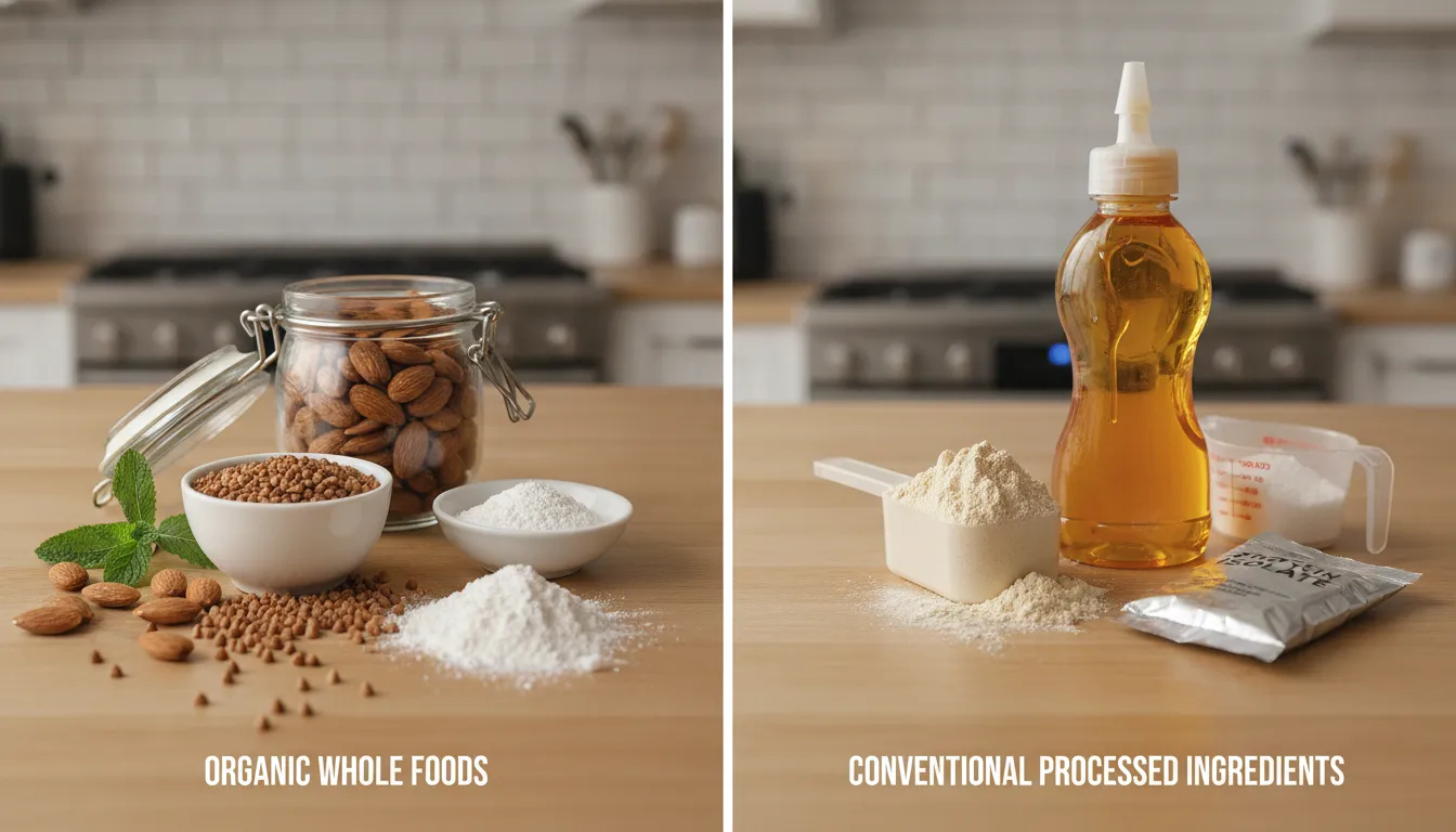 Organic baby formula ingredients almonds and buckwheat compared to processed conventional formula ingredients