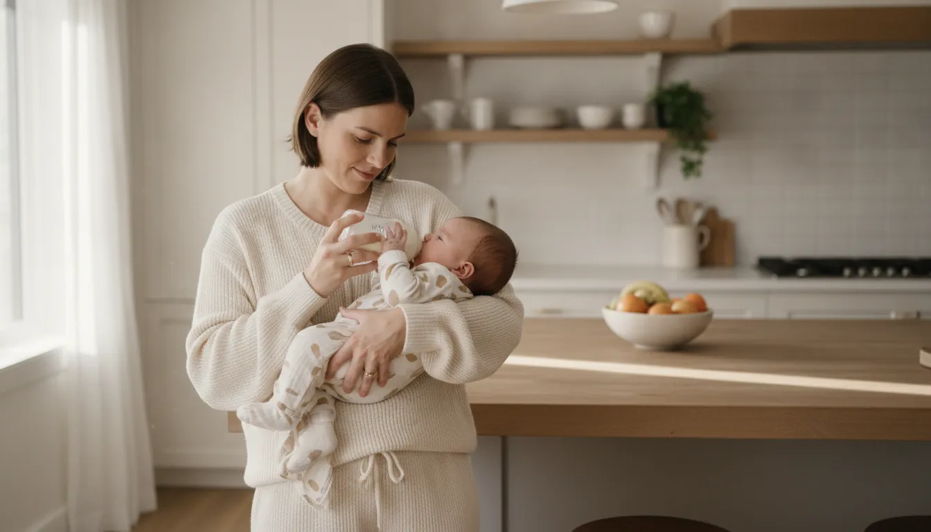Caregiver feeding an infant during a stage 1 baby formula routine