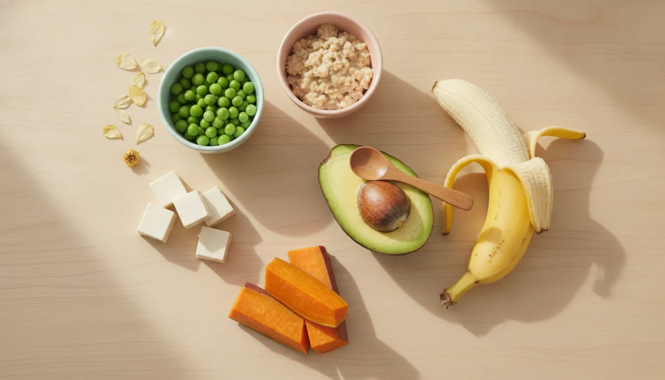 Overhead view of baby-safe plant-based first foods including avocado, banana, sweet potato wedges, cooked peas, soft tofu, and baby cereal on a natural wooden surface