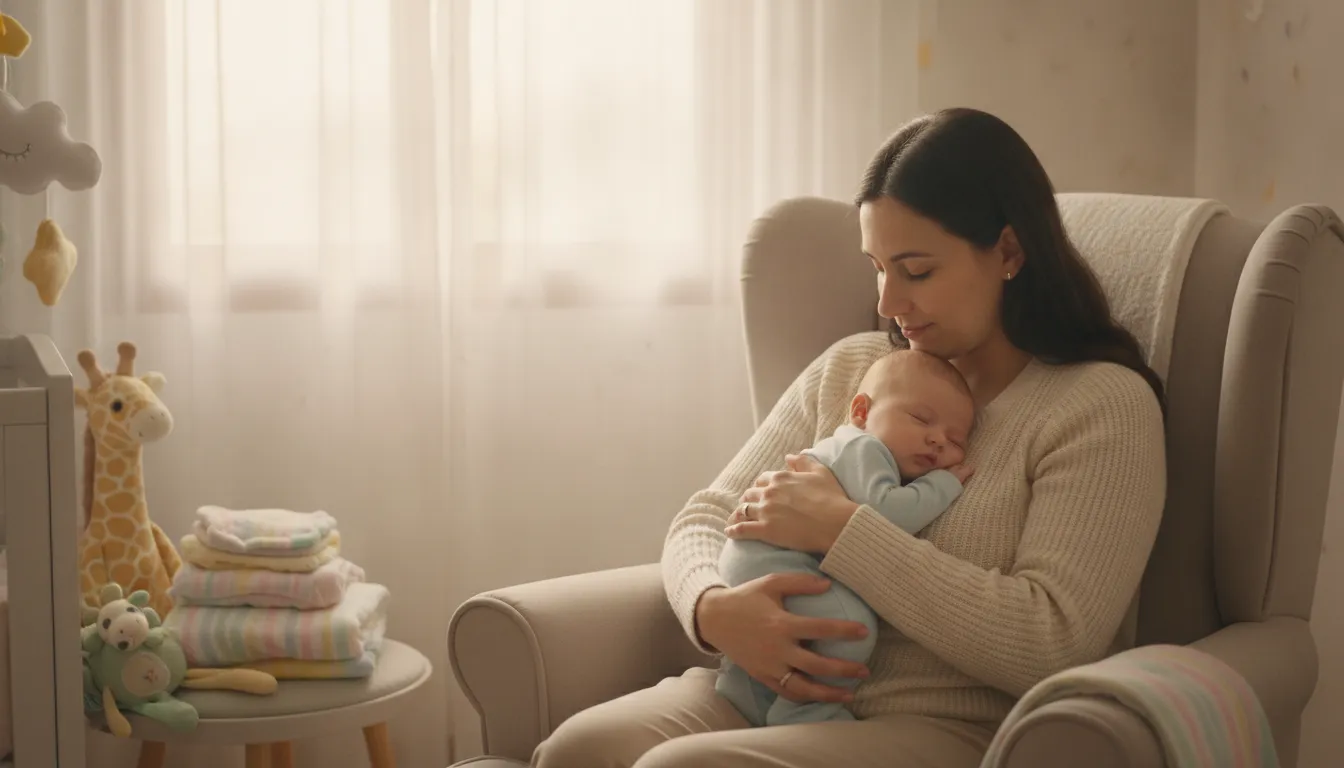 Parent gently cradling a calm sleeping baby in a bright nursery while comparing formula options