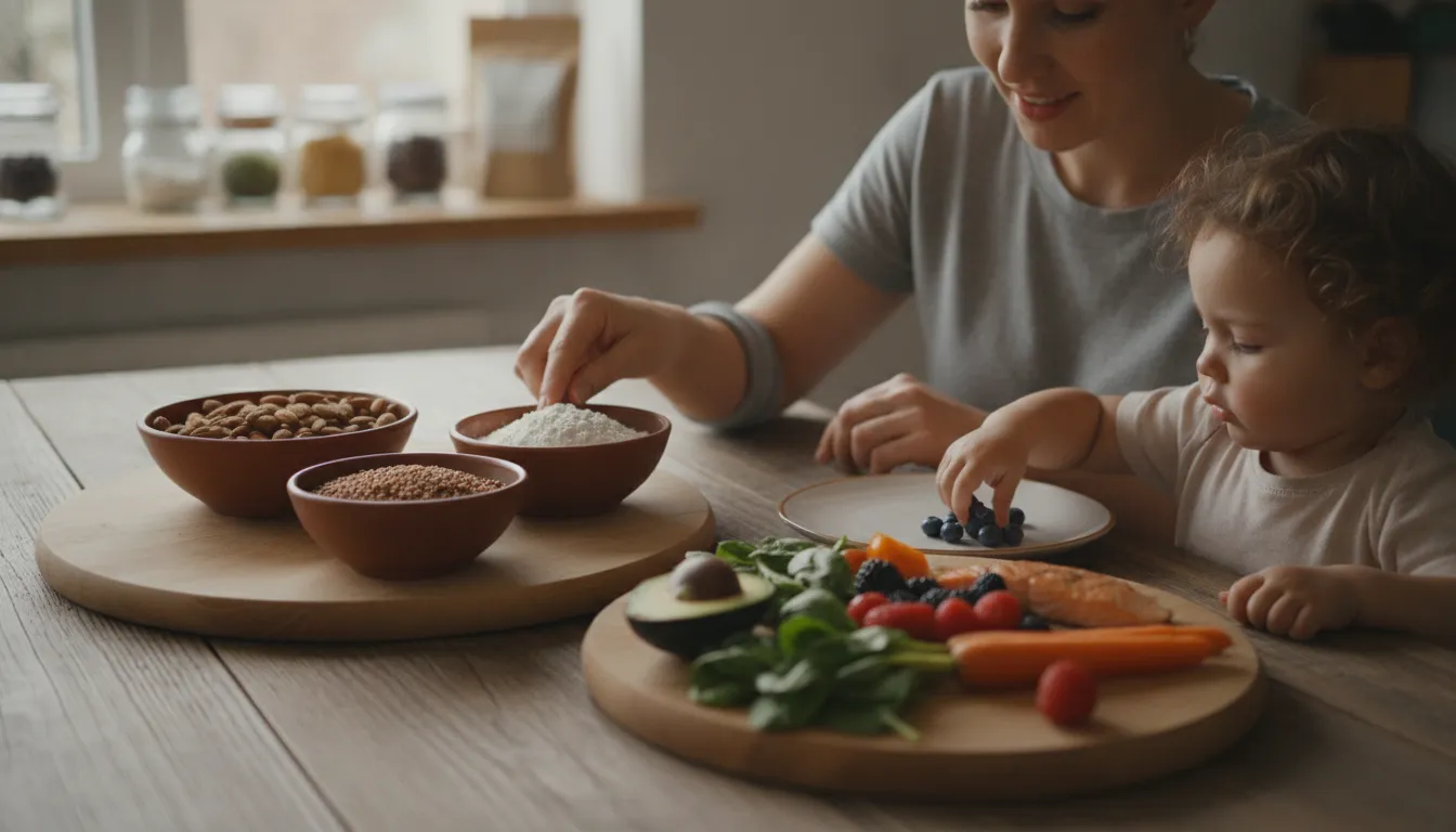 A parent reviewing whole-food ingredients at a kitchen table while preparing nutrition for a child