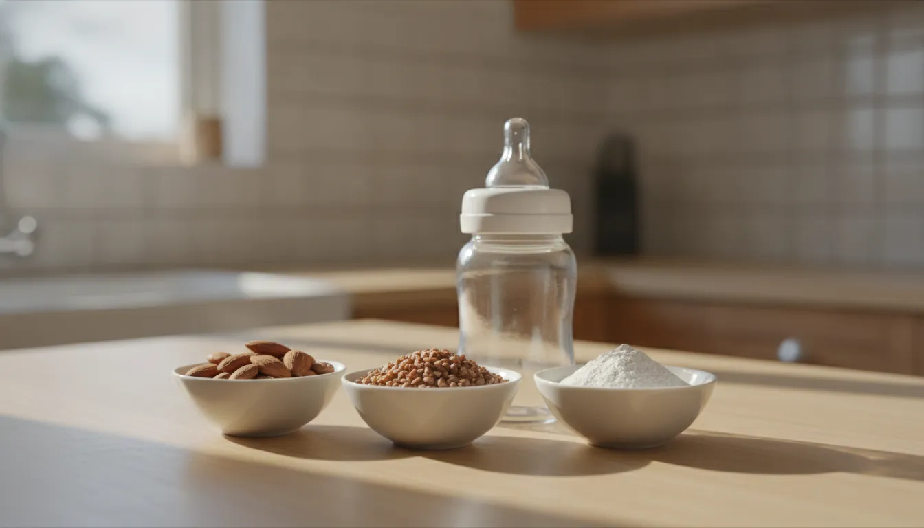 Whole-food formula ingredients, including almonds, buckwheat, and tapioca flour, arranged in small bowls on a kitchen counter