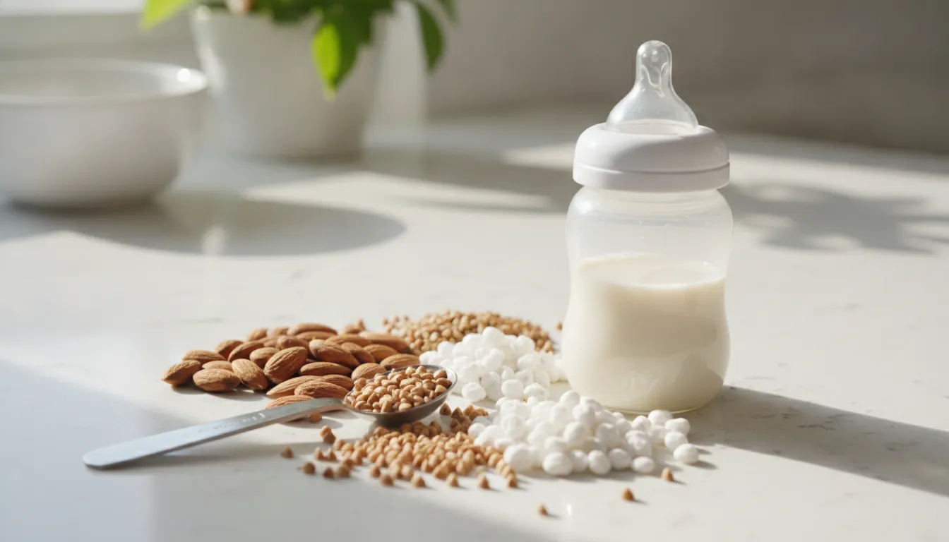 Whole-food pediatric nutrition ingredients beside a baby bottle for a corn syrup in baby formula guide