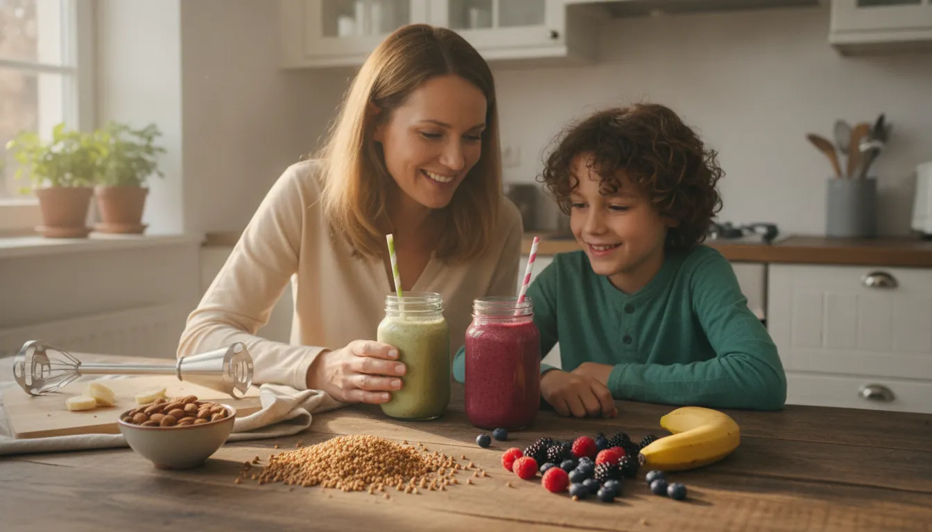 Parent and child comparing whole-food kids protein shake ingredients