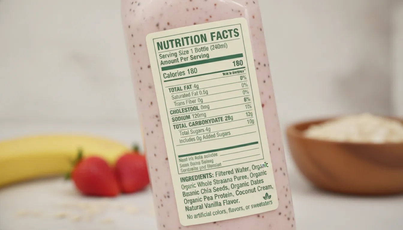 Nutrition label on a kids breakfast shake bottle showing whole-food ingredients list