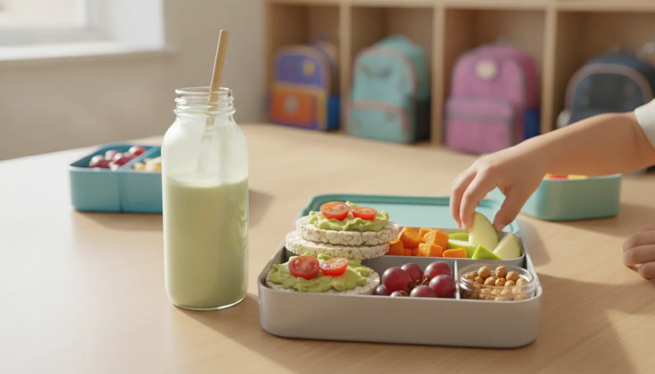 Dairy-free kids nutrition shake beside a colorful school lunch