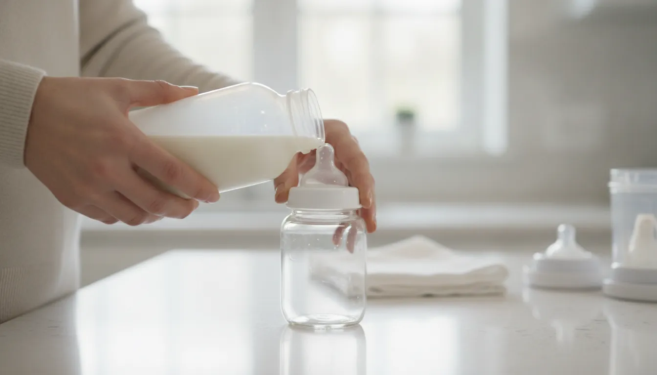 Parent pouring else plant-based ready-to-feed baby formula into a bottle at a bright kitchen counter