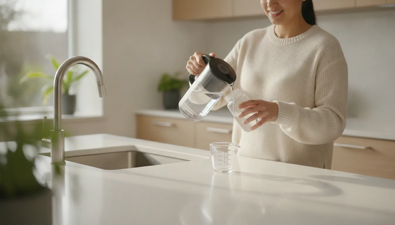 A parent measuring water for a baby bottle at a clean bright kitchen counter