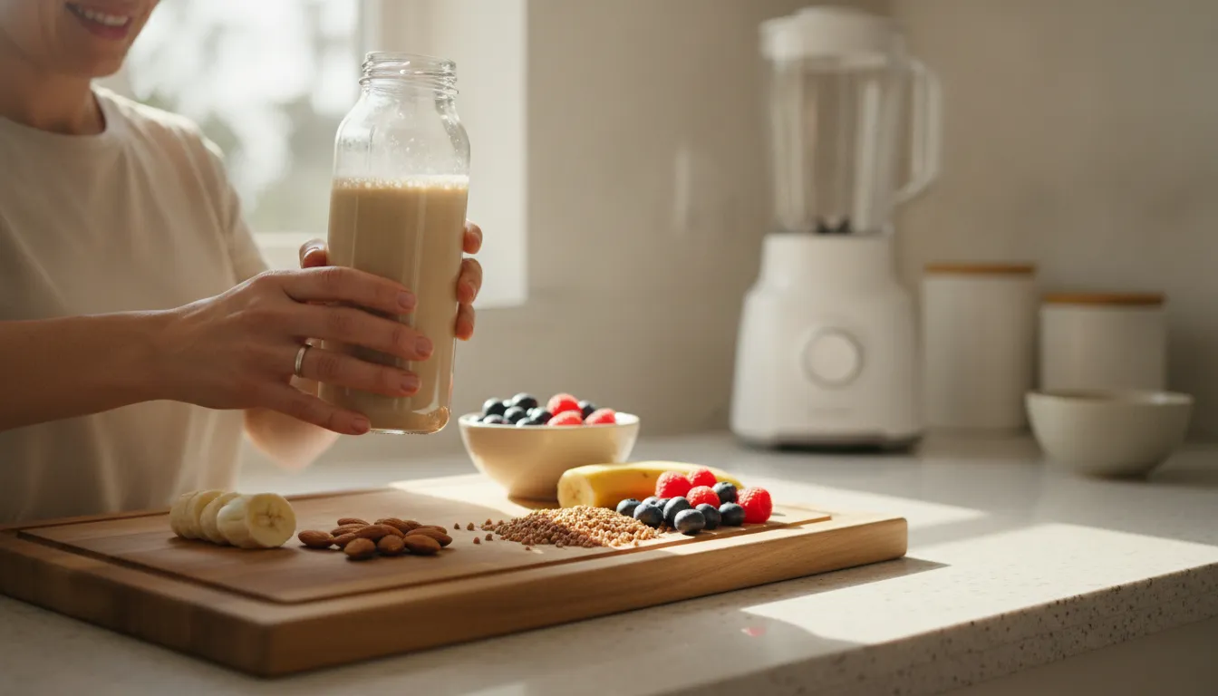 Parent comparing a low sugar kids nutrition shake with whole-food ingredients