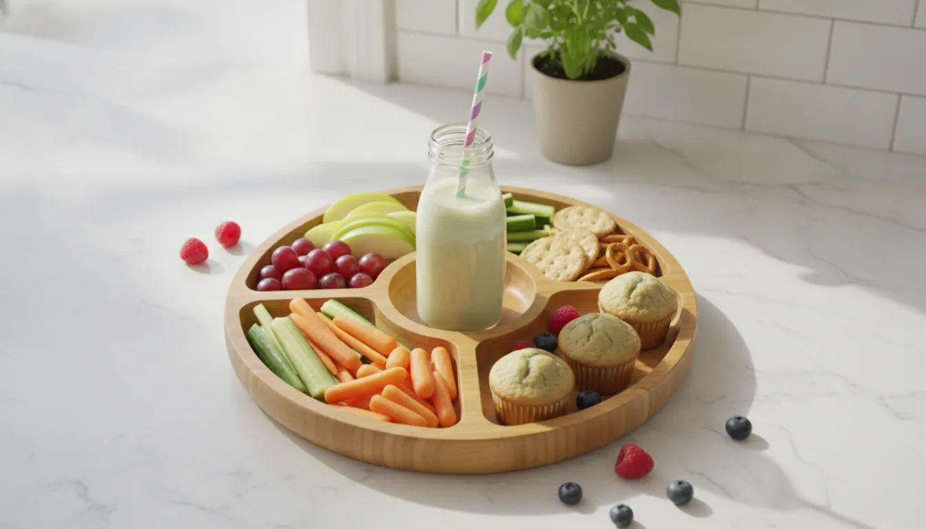 Balanced snack tray served with a plant-based kids nutrition shake