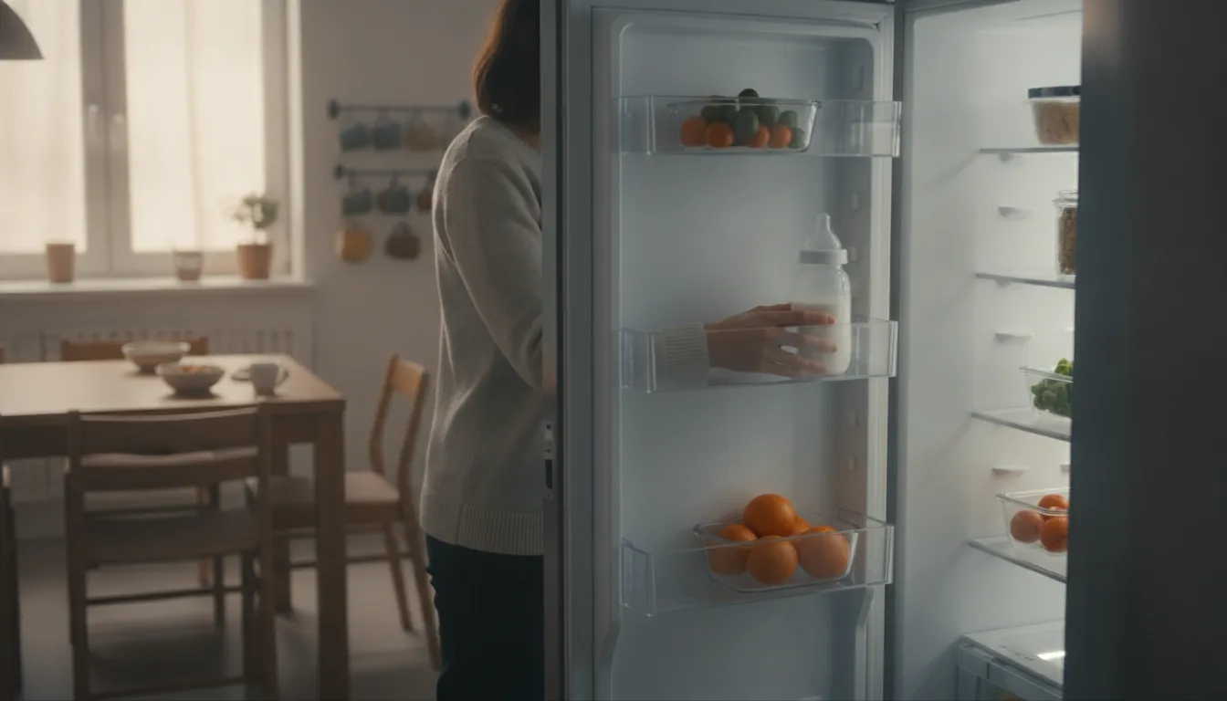 Parent storing a bottle of else plant-based baby formula in a clean refrigerator