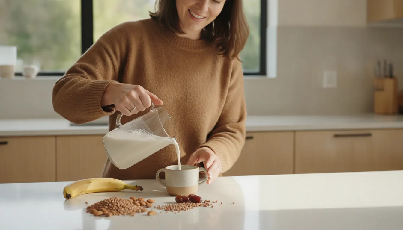 Parent preparing plant based toddler milk during a gradual transition