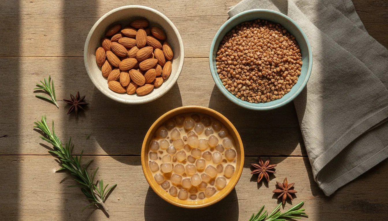 Whole food ingredients, almonds, buckwheat, and tapioca in small bowls on a wooden kitchen table