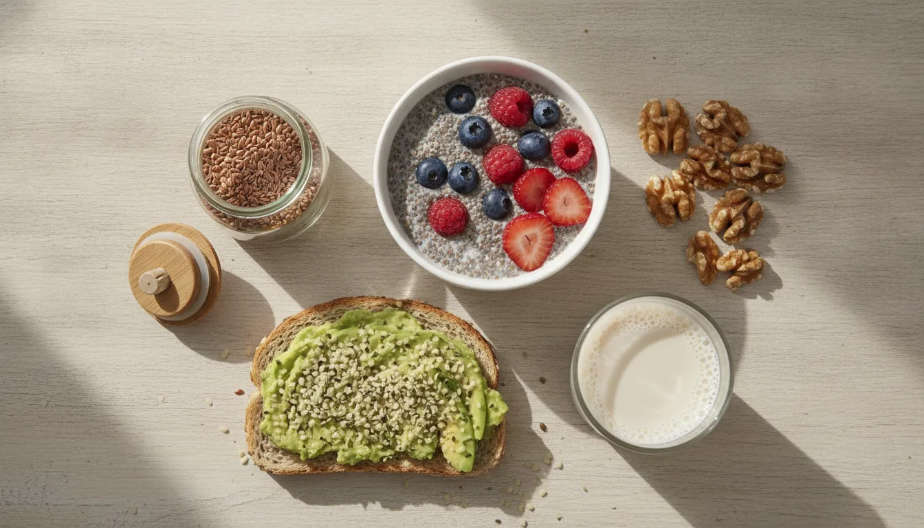 Overhead view of chia pudding, ground flaxseeds, walnuts, hemp seeds on toast, and plant milk on a wooden table