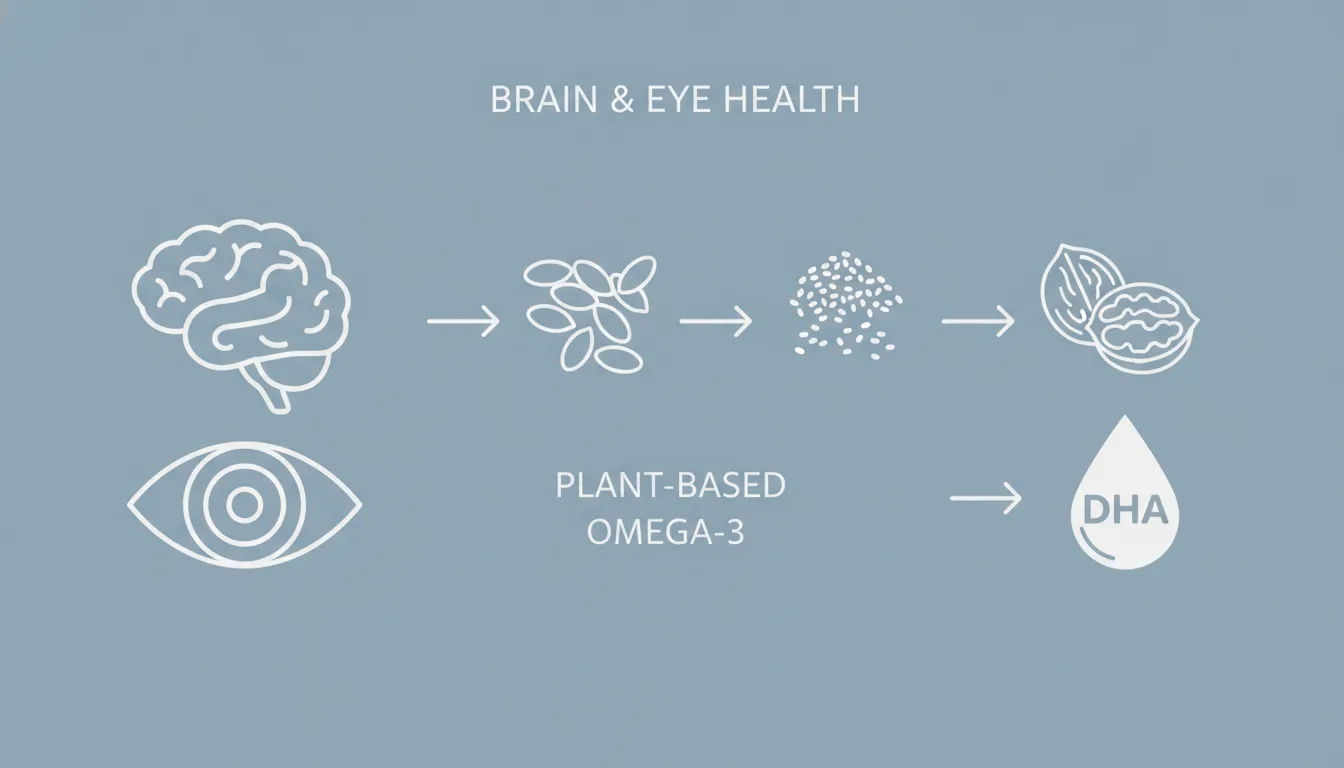 Educational illustration showing brain and eye icons connected to plant foods and DHA droplet on a soft blue background