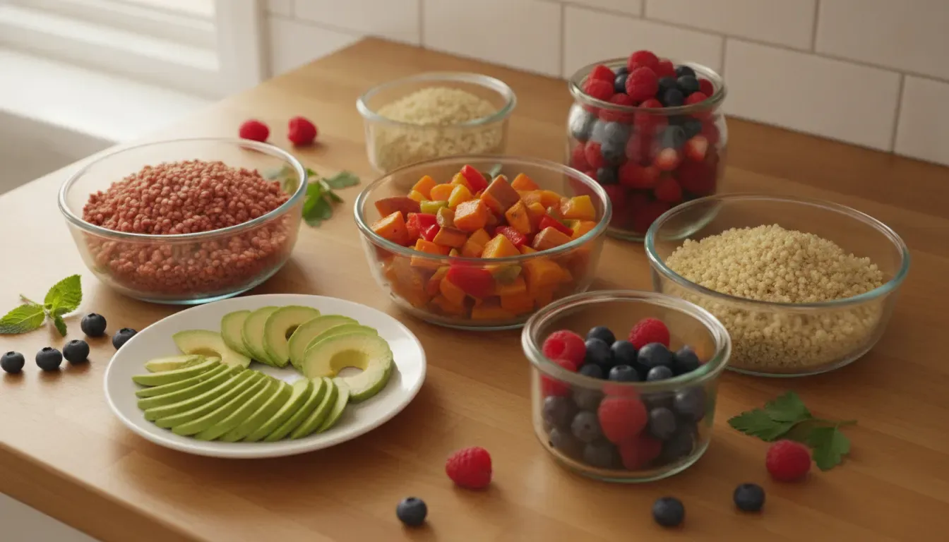 Prepared lentils, quinoa, roasted vegetables, berries, and avocado for toddler meal prep