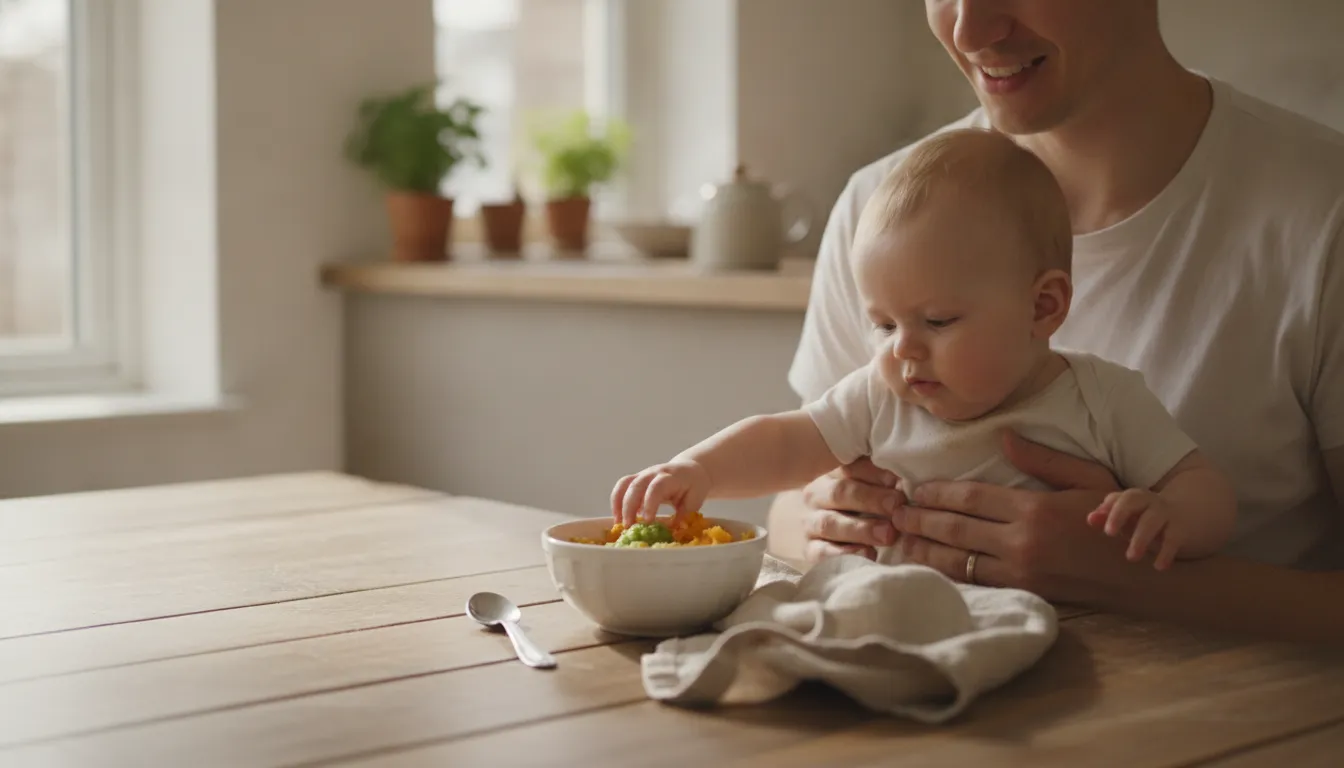 Parent offering age-appropriate foods alongside stage 2 baby formula
