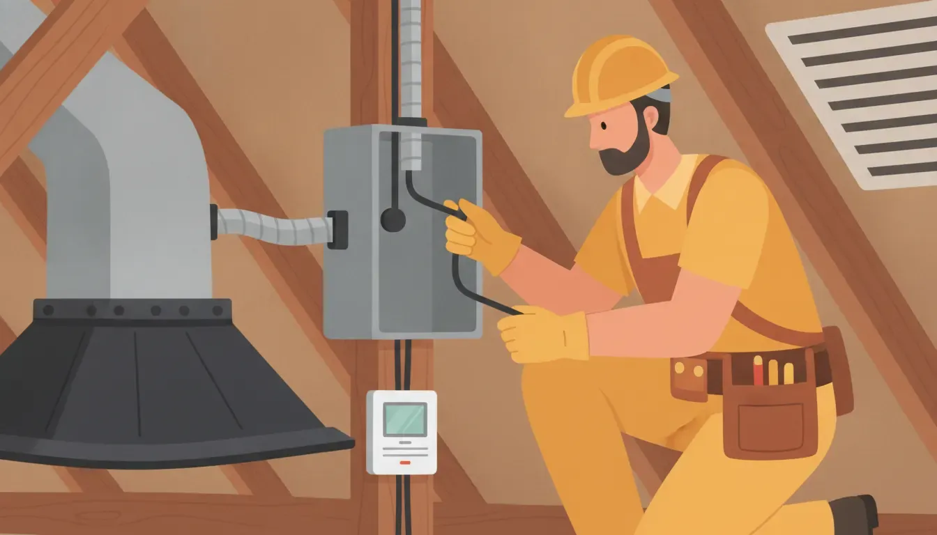 Electrician checking attic roof fan wiring, conduit, and thermostat controls