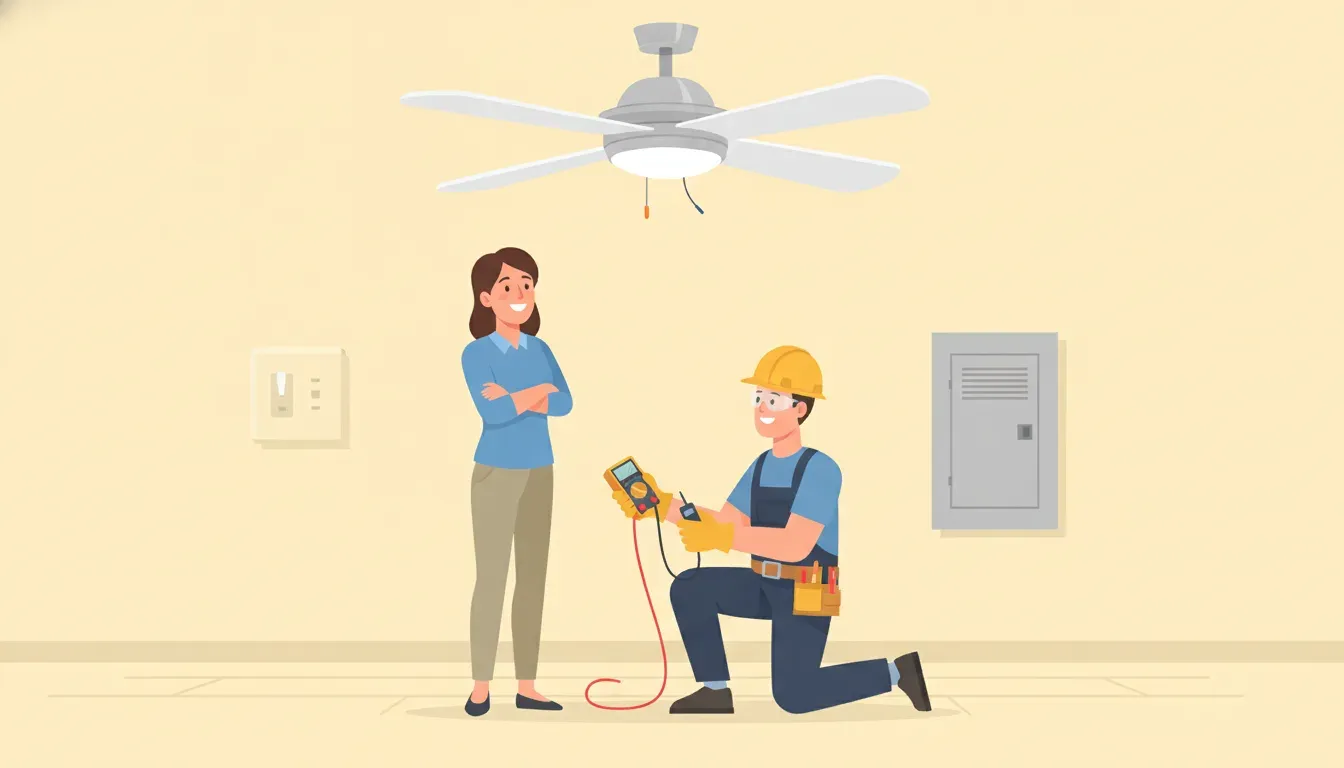 Homeowner keeping a ceiling fan switched off while an electrician prepares safe testing