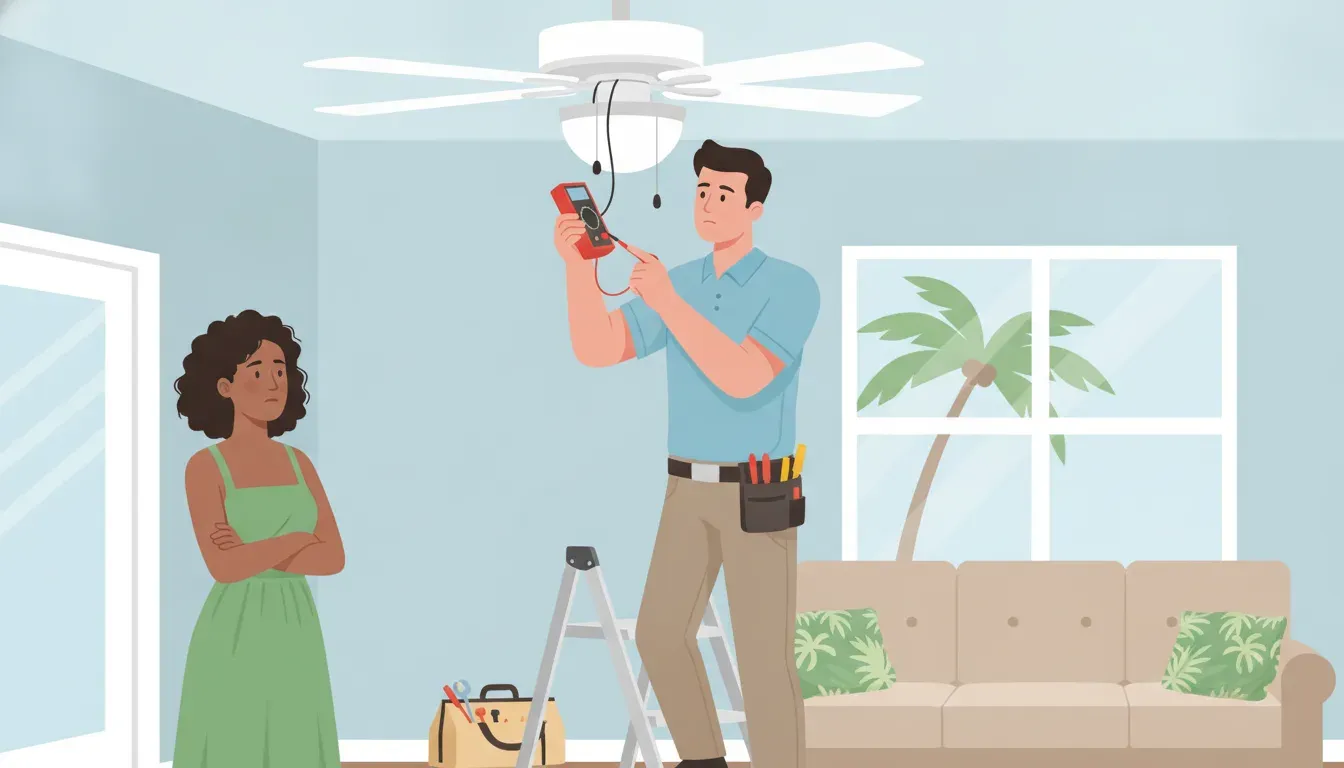 Licensed electrician testing a ceiling fan while a homeowner watches from a safe distance