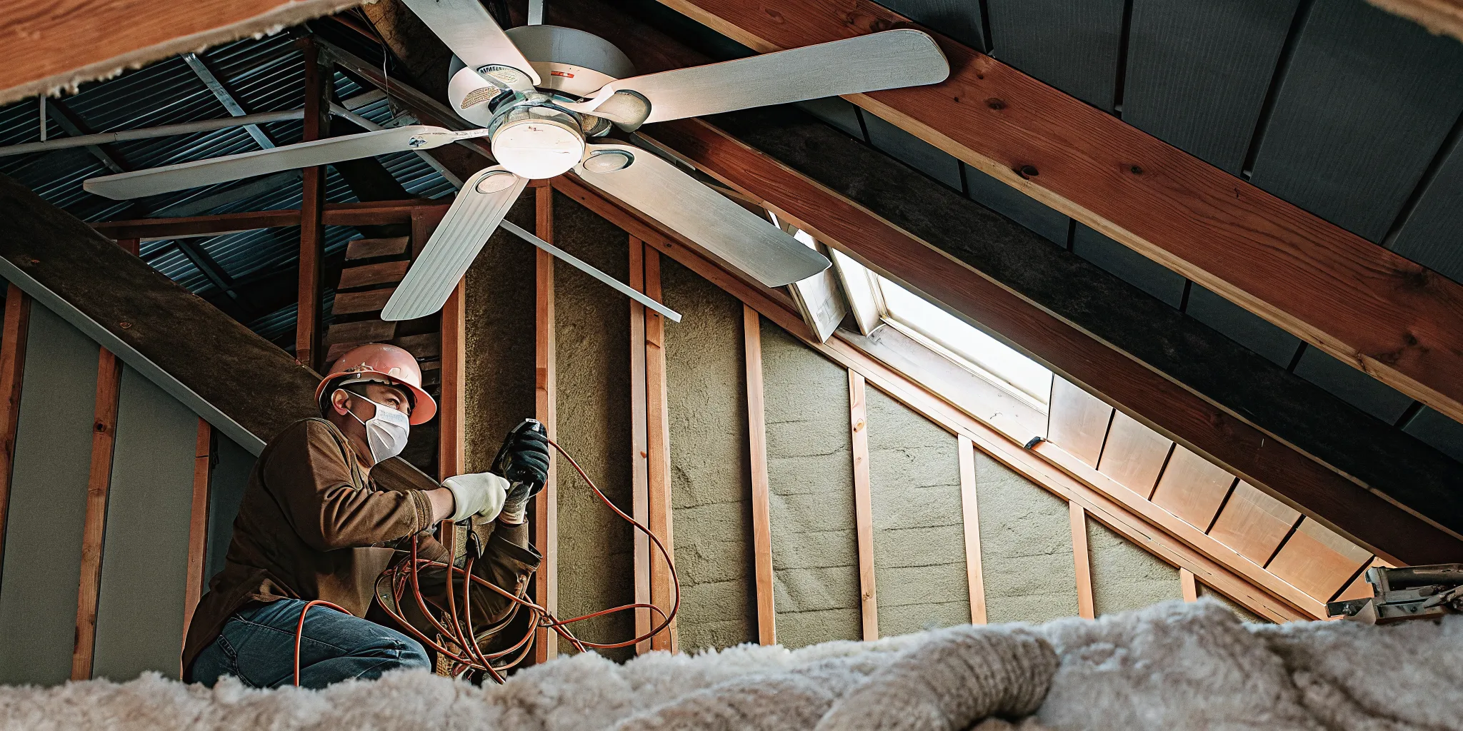 Electrician fishing new wiring for a ceiling fan in a Florida attic