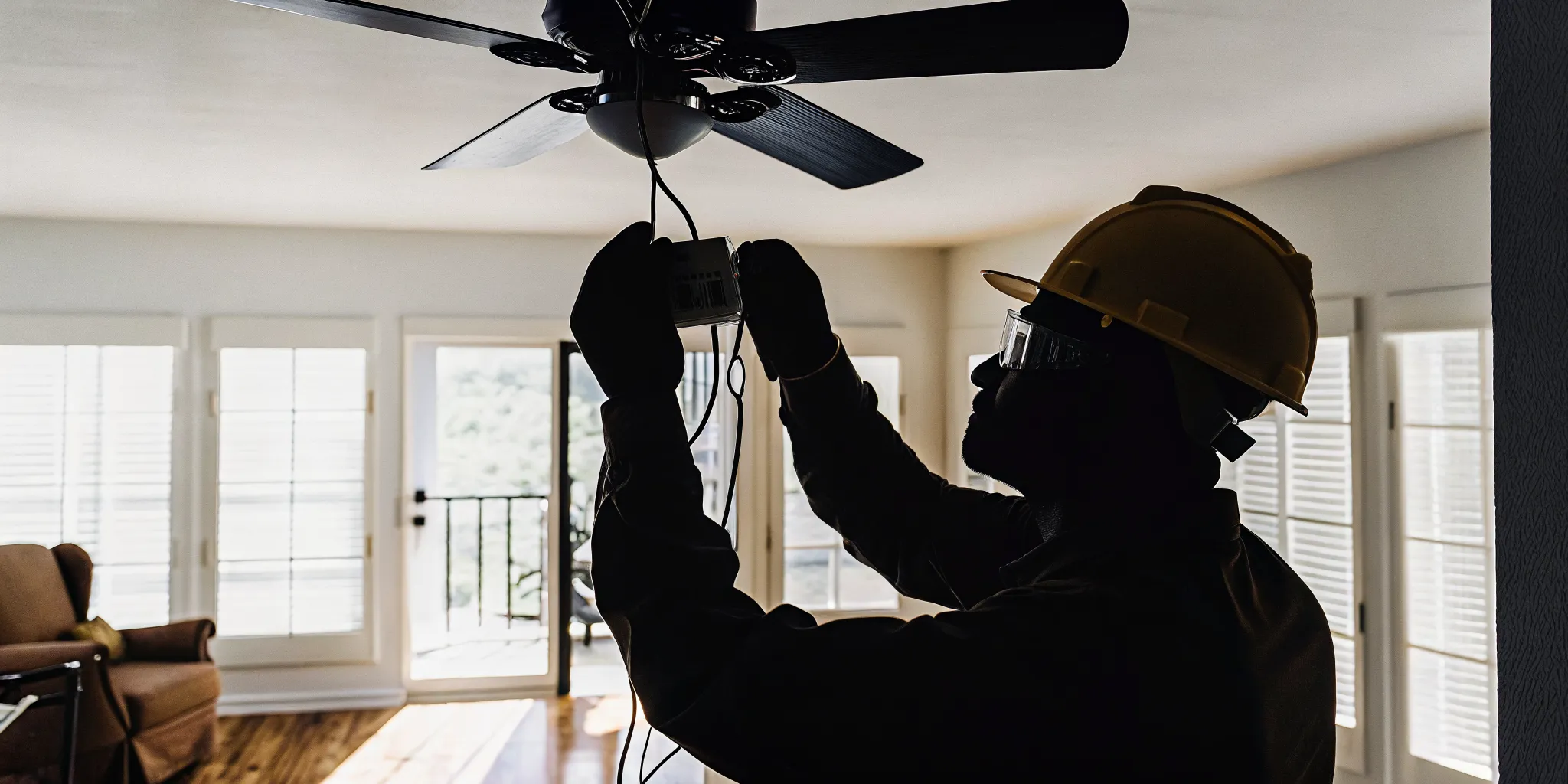 Electrician checking ceiling fan wiring and wall controls in a Florida home