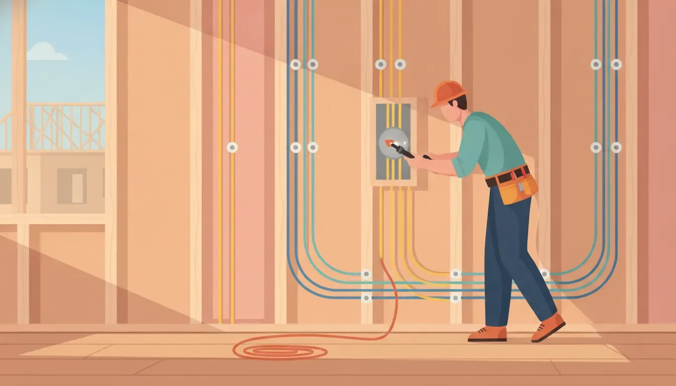 Electrician checking electrical rough in wiring inside an open framed wall