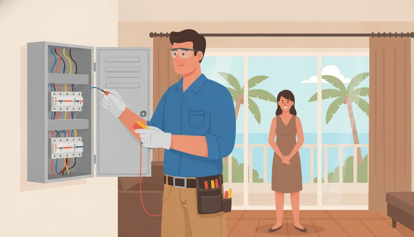Electrician evaluating electrical equipment at a Fort Pierce property
