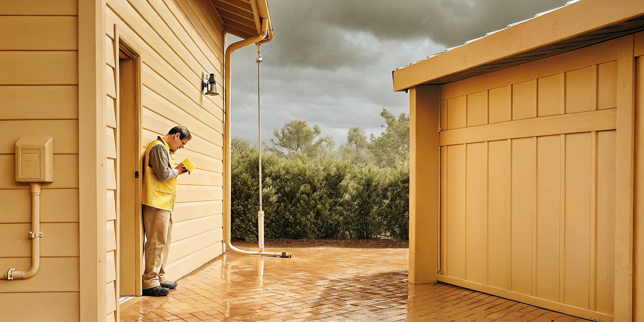 Electrician inspecting an outdoor GFCI outlet after rain