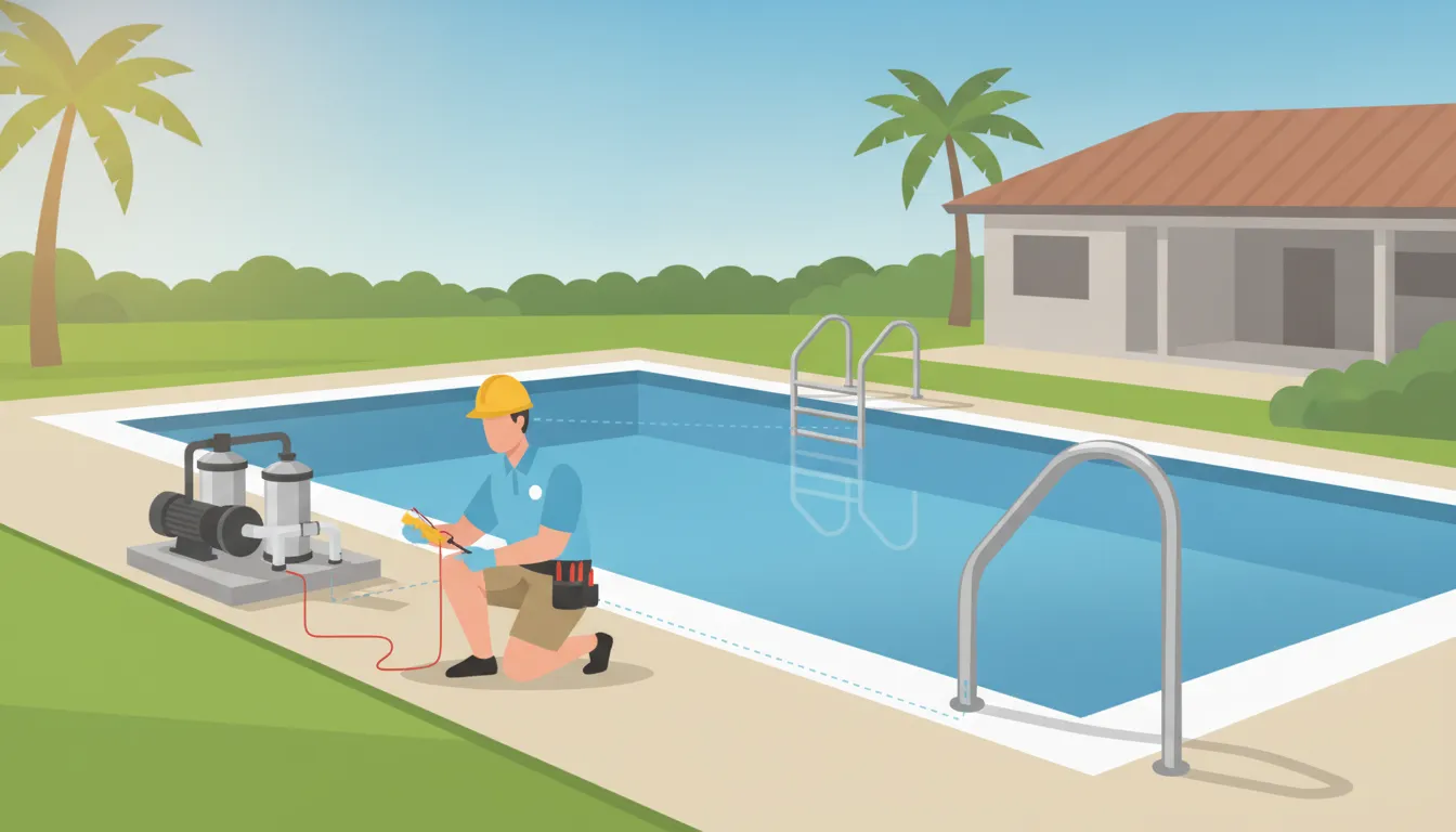 Pool bonding safety illustration showing a Florida swimming pool and connected metal equipment