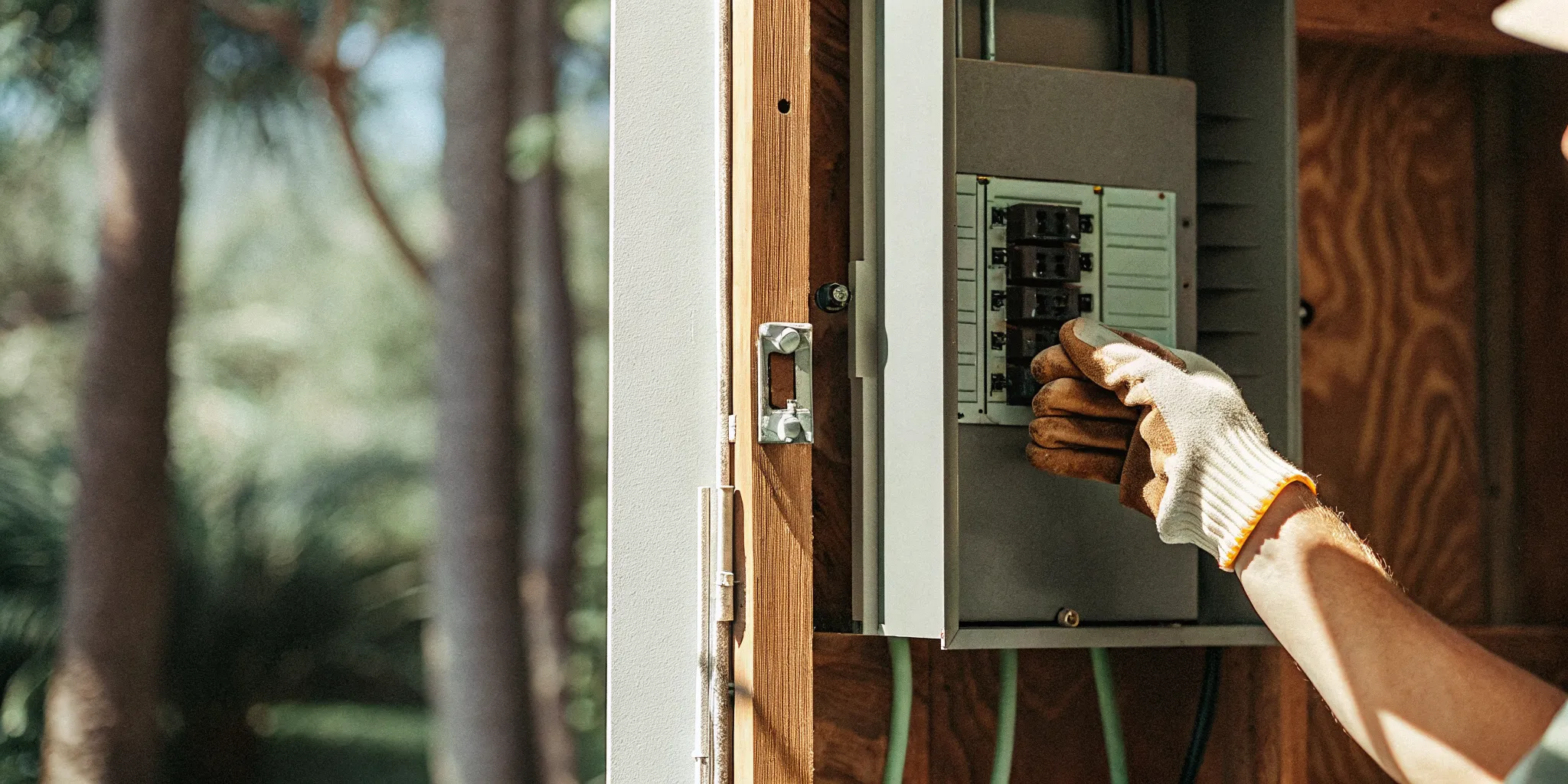 Electrician safely switching off a residential circuit breaker