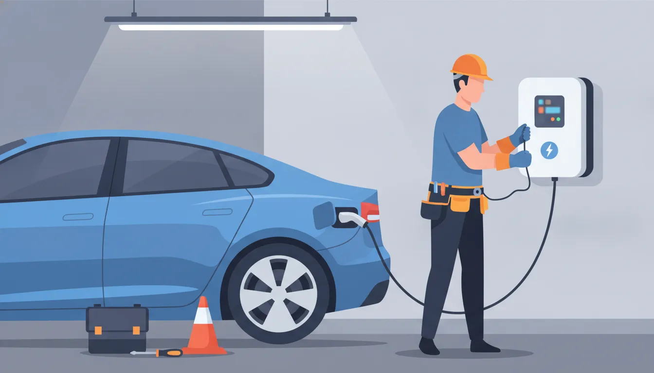 Licensed electrician mounting a home EV charging unit in a residential garage