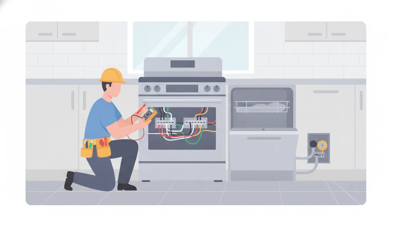Electrical contractor inspecting wiring behind an electric range and dishwasher in a kitchen
