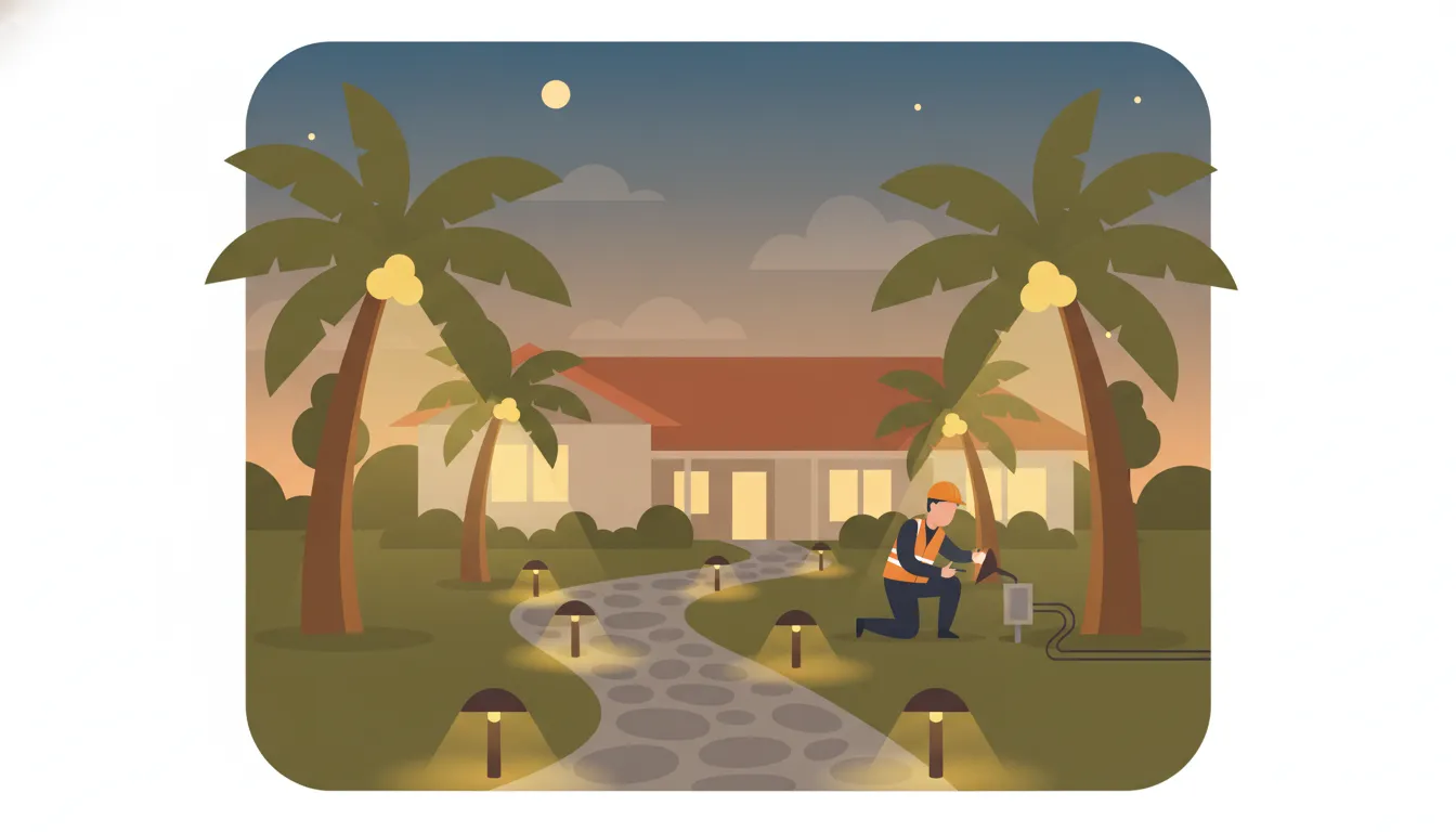 Outdoor landscape lighting along a stone walkway at a Florida home at dusk