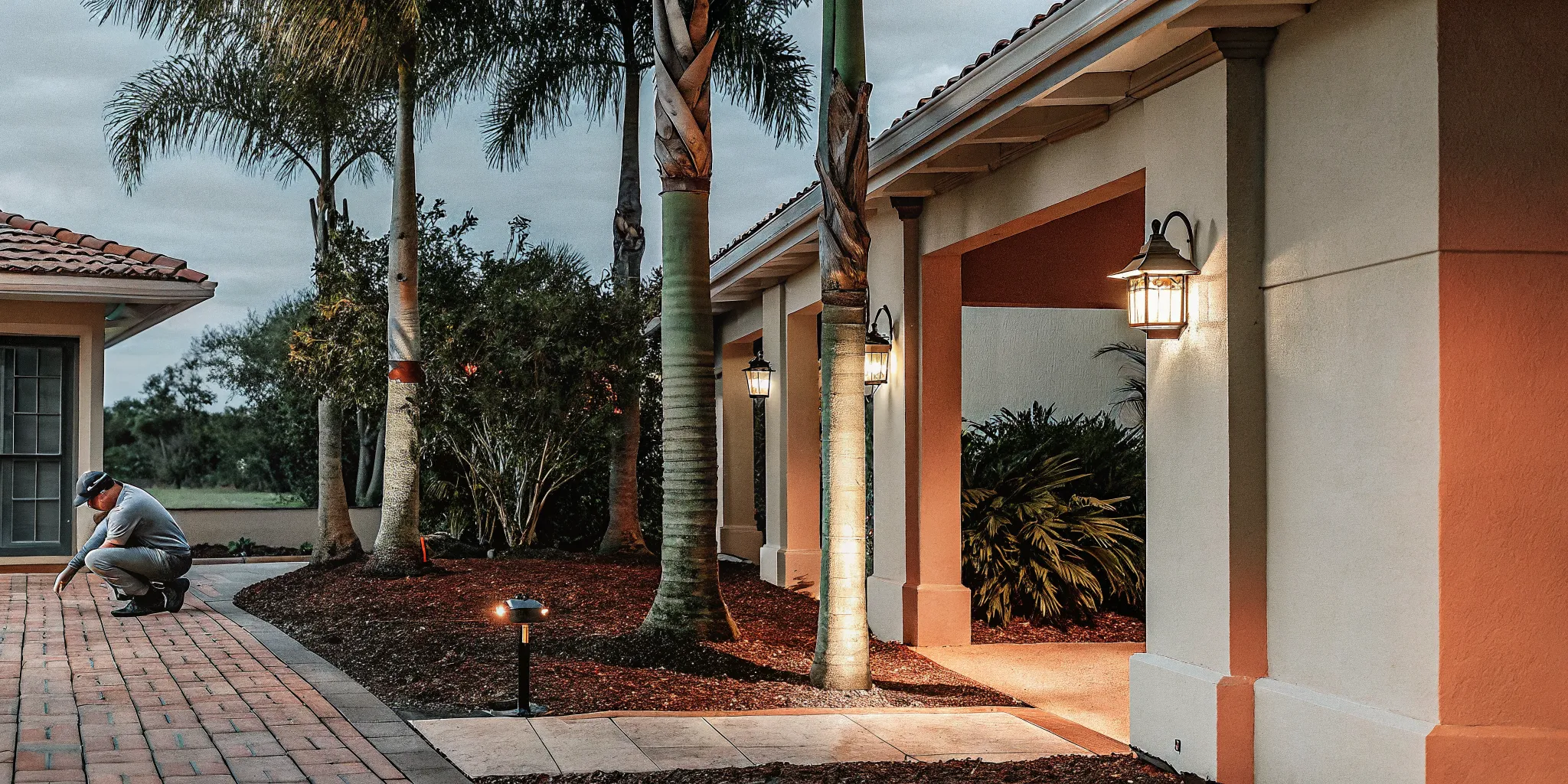 Electrician maintaining outdoor lighting installation Florida homeowners depend on