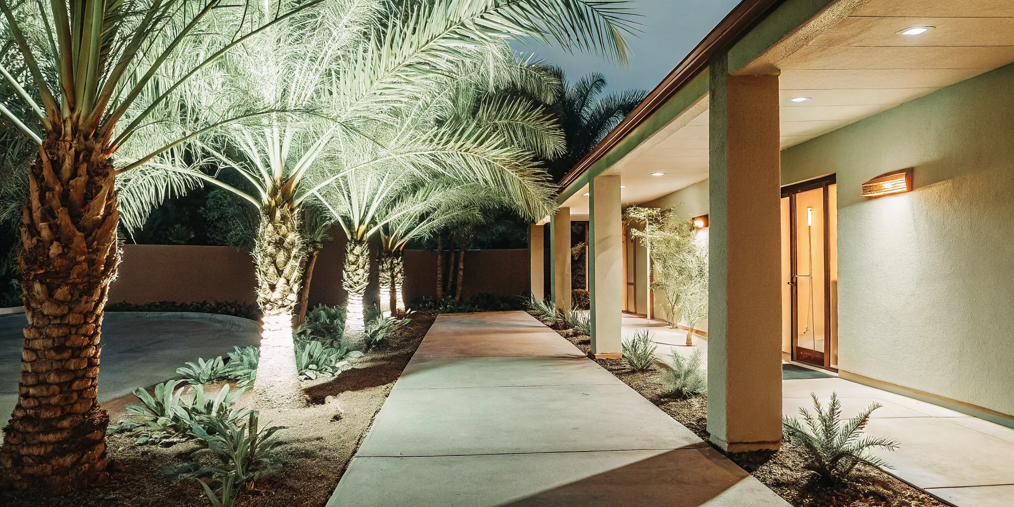 Outdoor lighting installation Florida walkway with palm landscaping