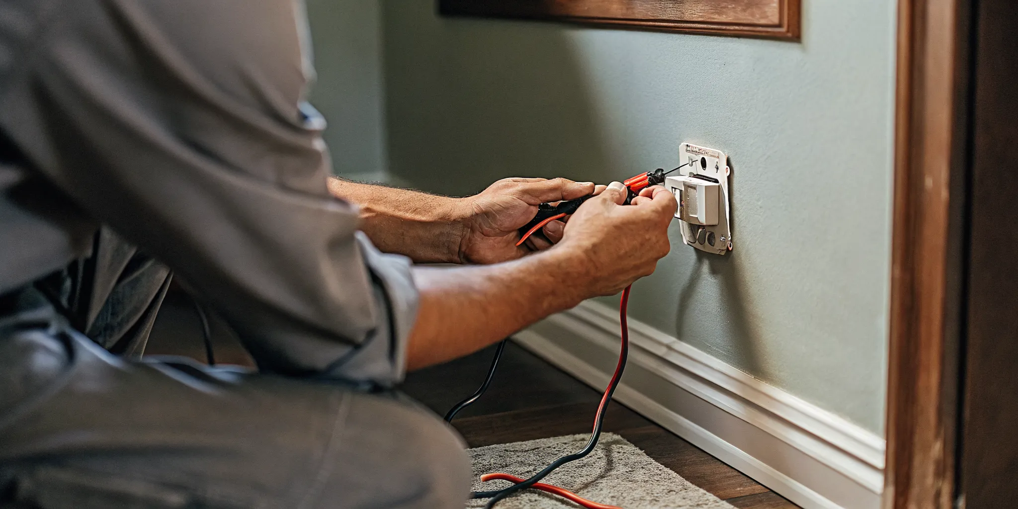 Licensed electrician inspecting a residential wall outlet
