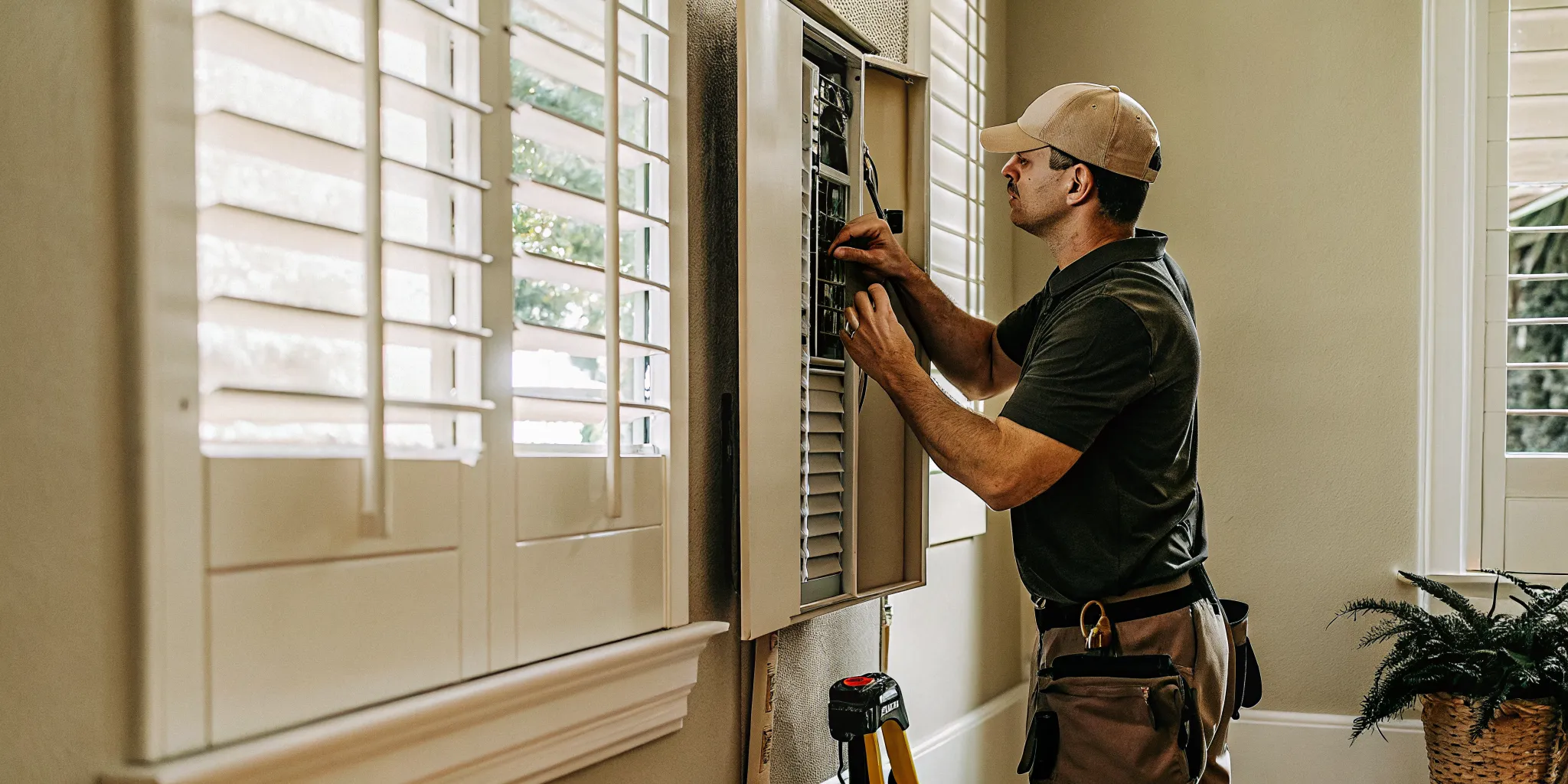 Electrician evaluating a modern breaker panel before preparing a replacement quote
