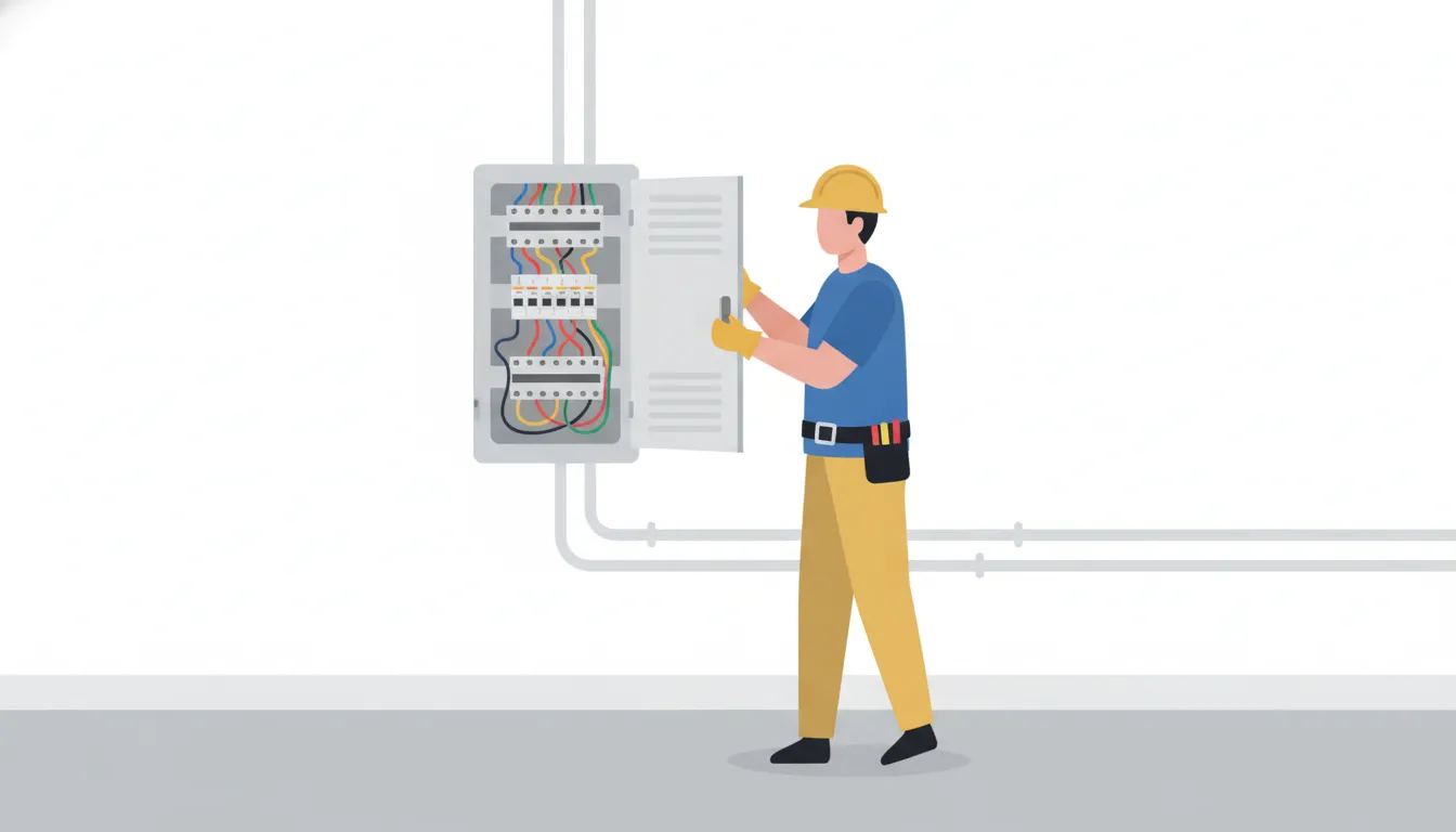 Licensed electrician inspecting a home electrical panel and breaker box