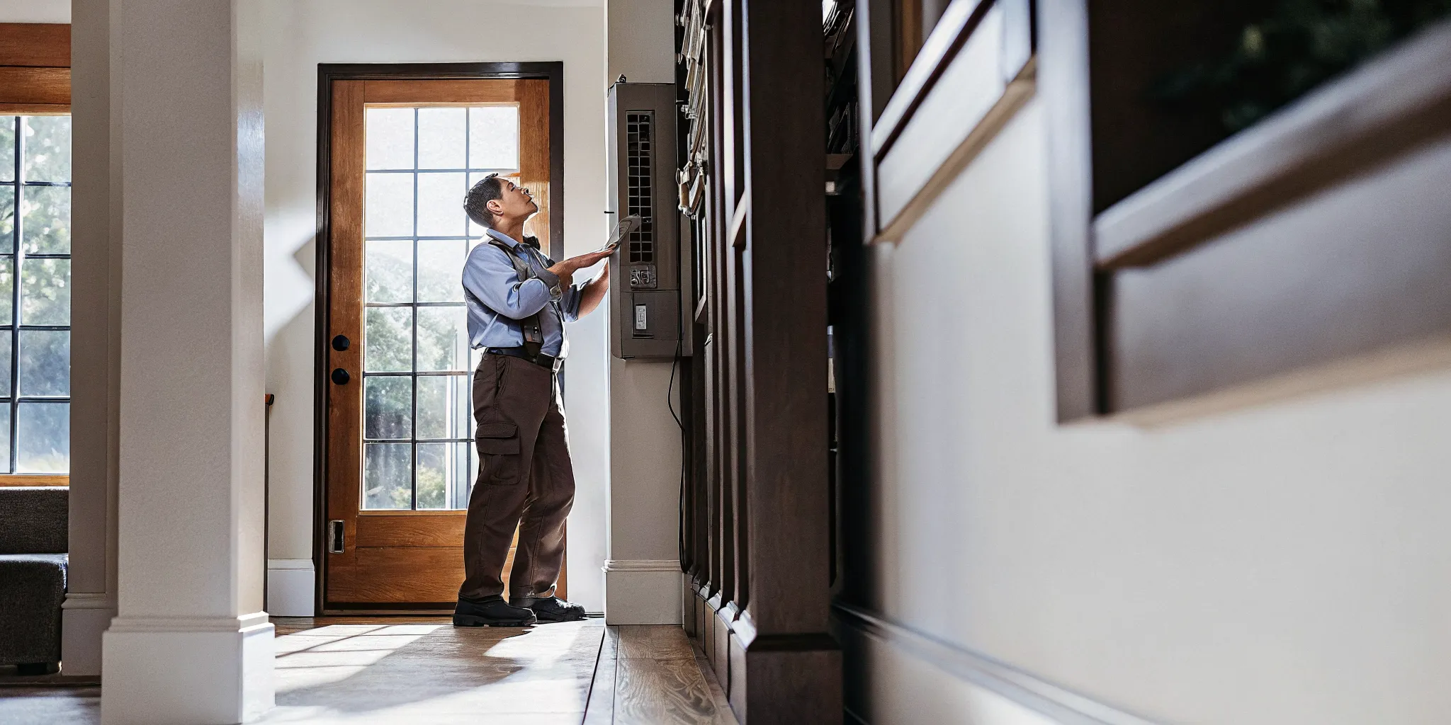 Emergency electrician inspecting a residential breaker panel