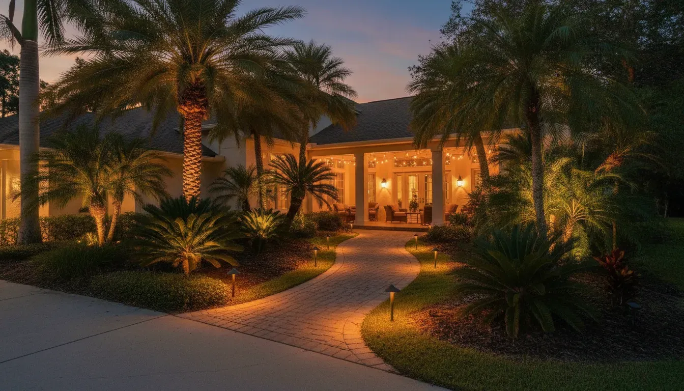 Low-voltage path lights lining a Florida home walkway at dusk with tropical landscaping