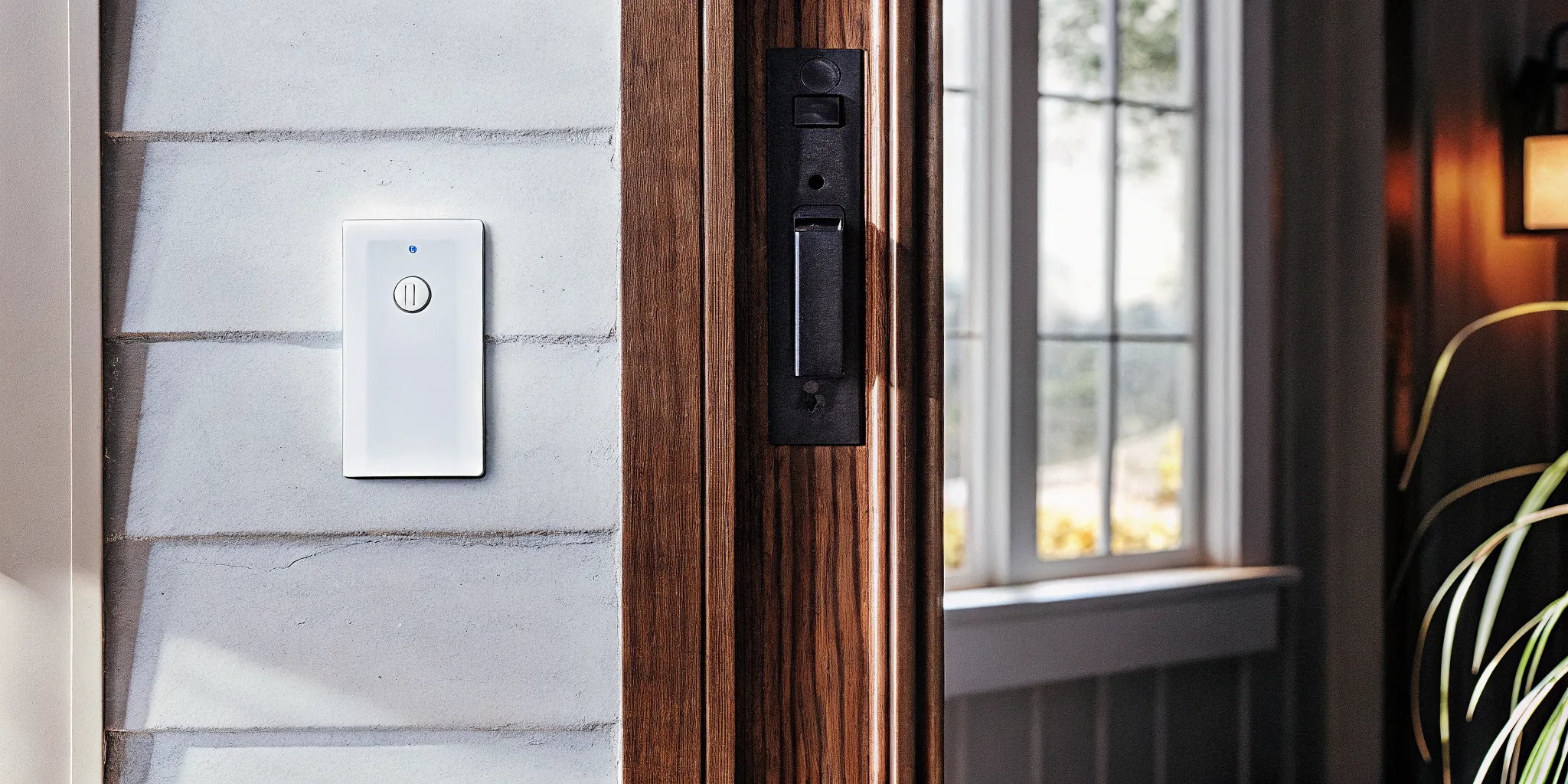 A modern smart light switch installed on a living room wall with a subtle blue LED status light in Port St. Lucie