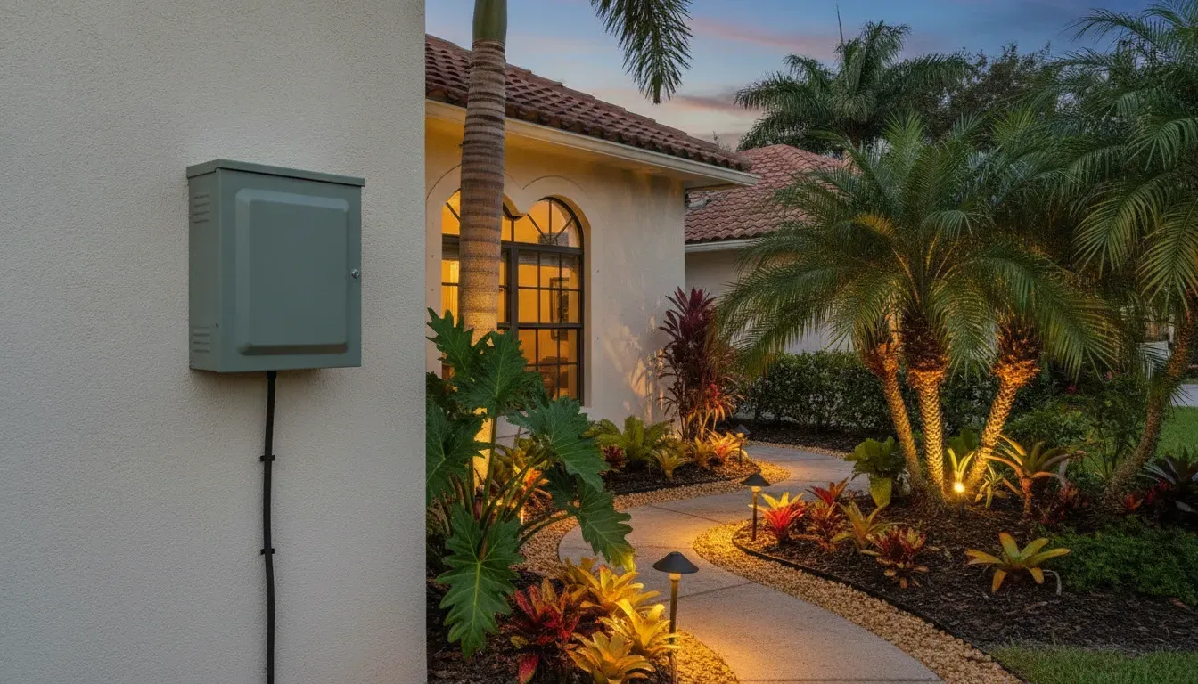 Weatherproof low-voltage outdoor lighting transformer mounted outside a Florida home at dusk