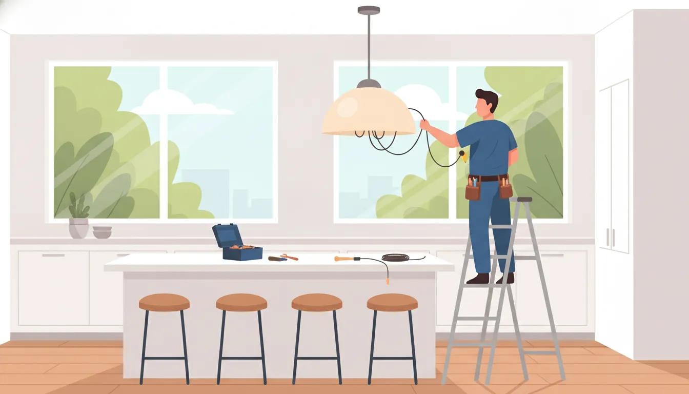 Electrician planning pendant lighting over a kitchen island in a Florida home