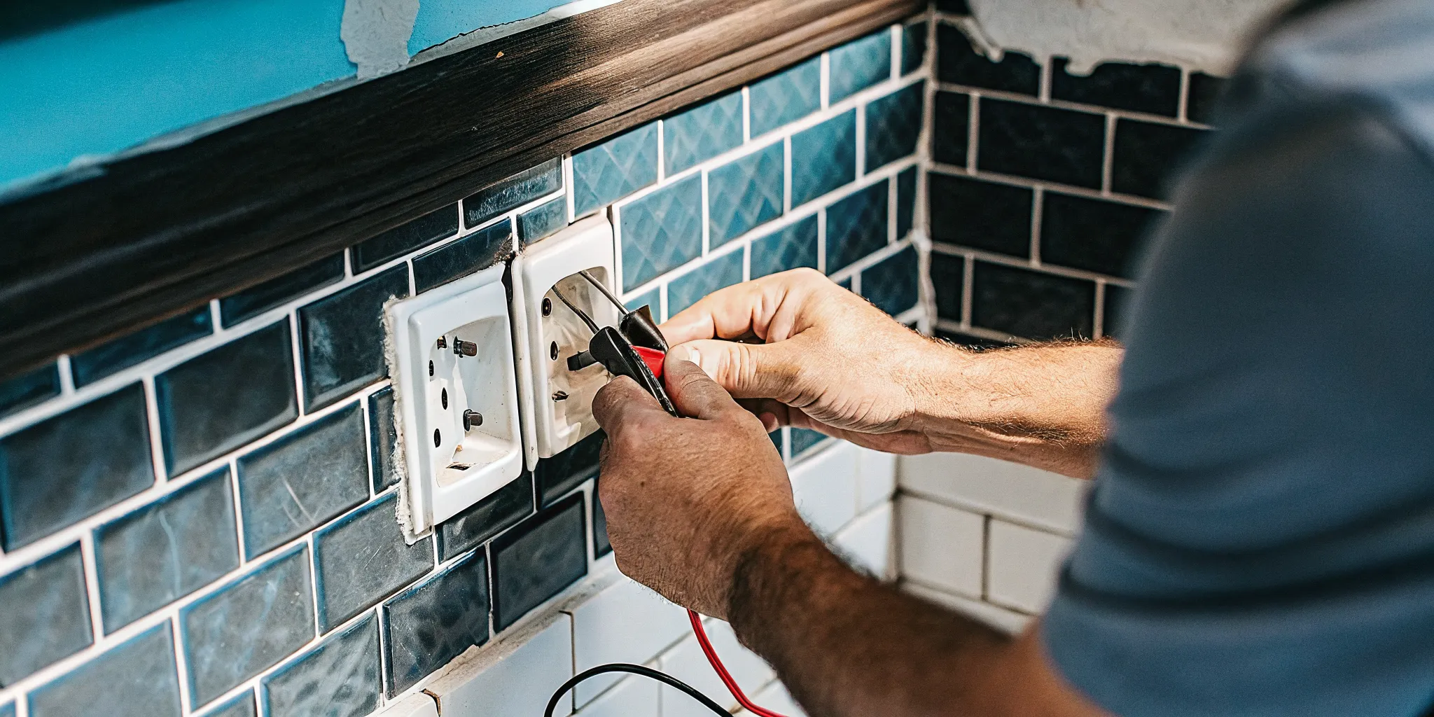 Electrician inspecting wiring before replacing two-prong outlets