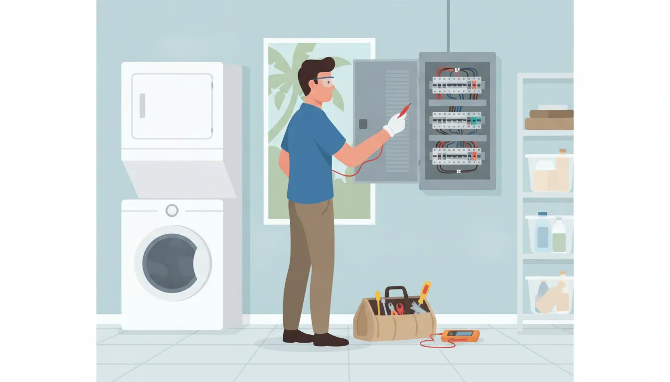 Professional electrician checking an electrical panel in a Stuart home