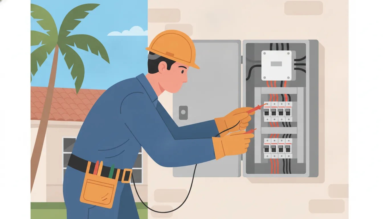 Electrician inspecting a whole-house surge protector at a residential electrical panel