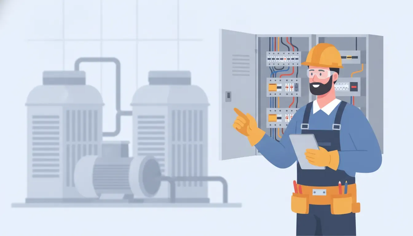 Commercial electrician evaluating three phase power loads near motors and an electrical panel