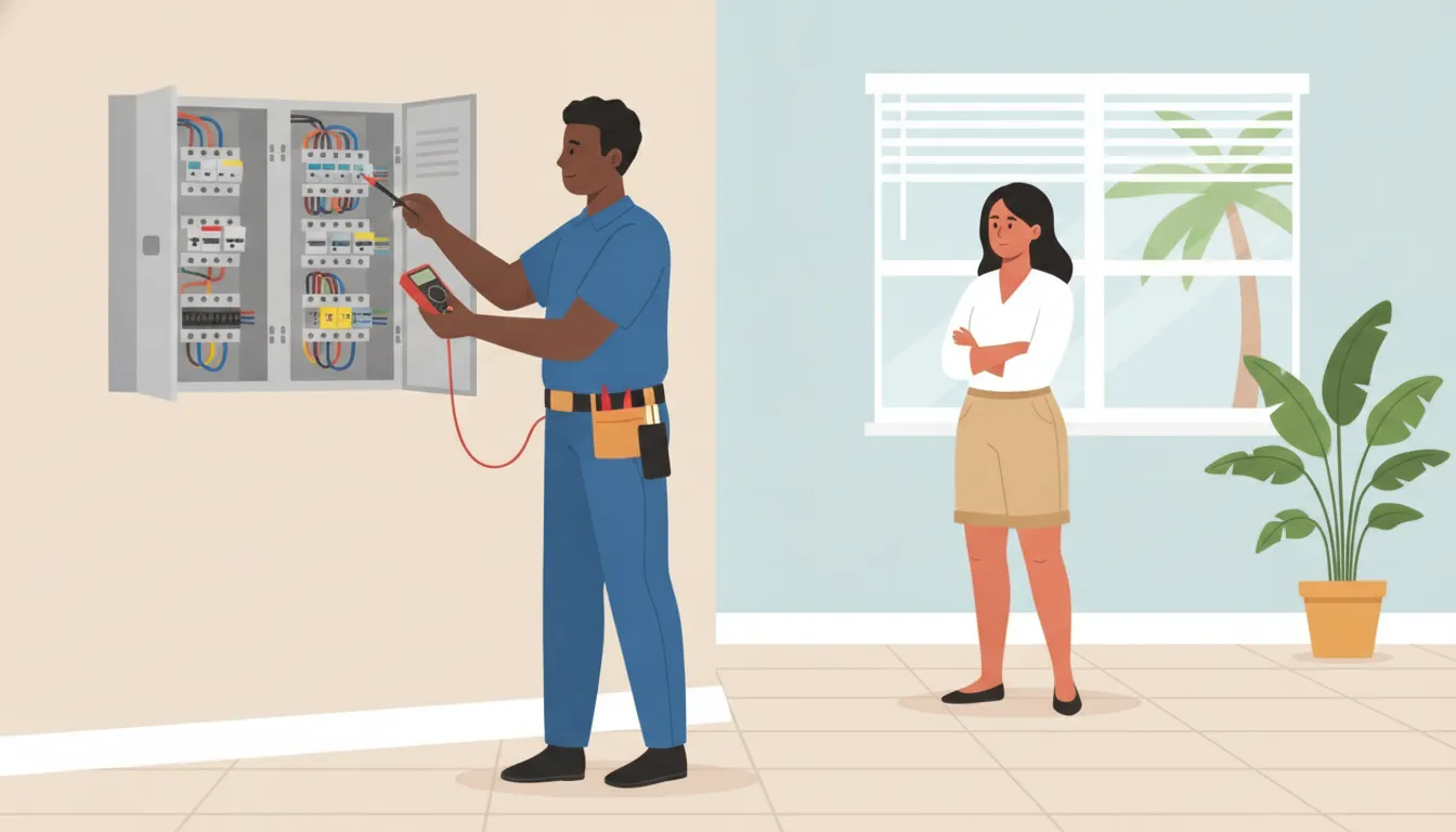 Electrician safely inspecting a home electrical panel