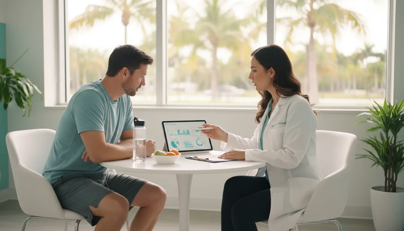 Physician reviewing medical weight loss goals with a Hallandale Beach patient